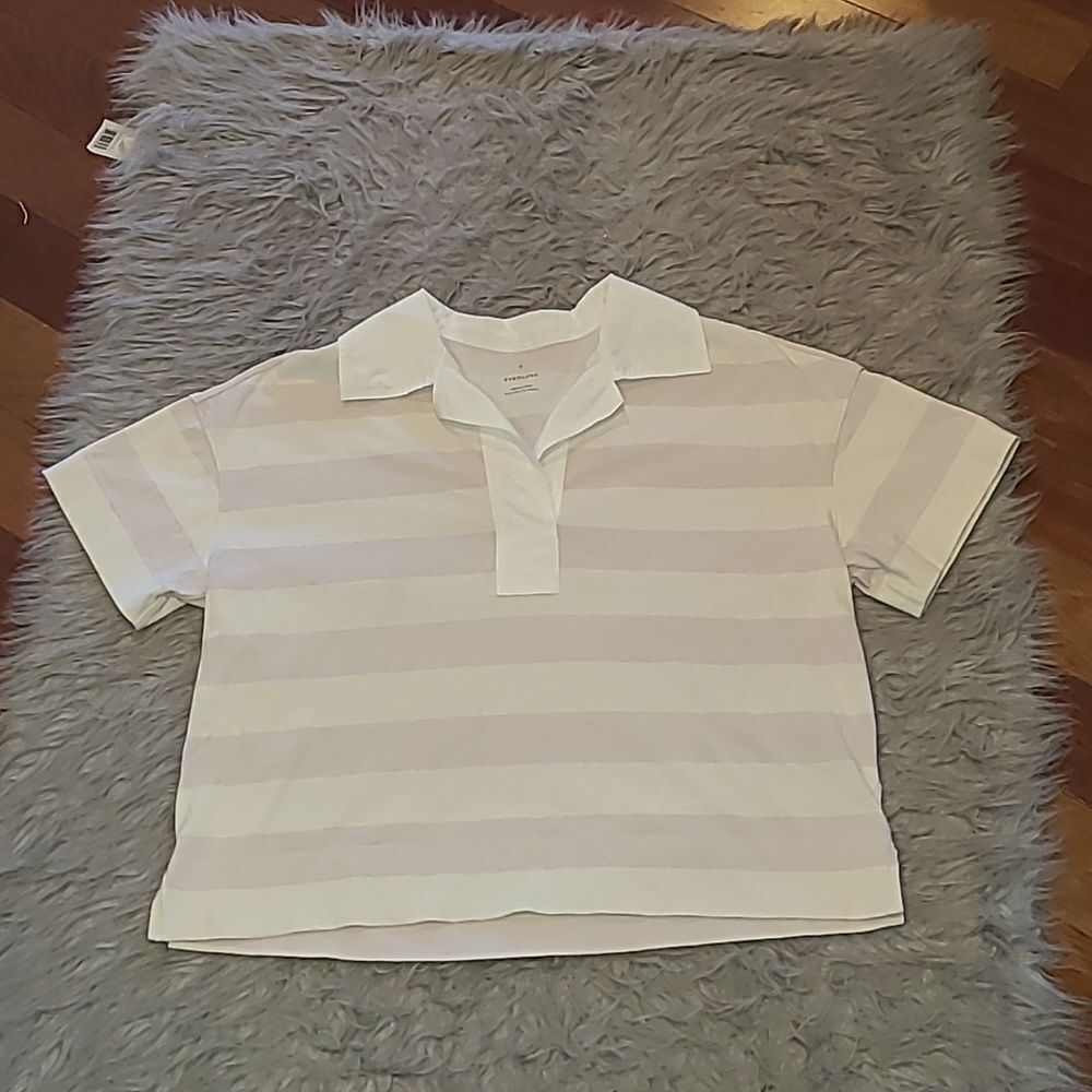 Everlane the retro jersey oversized cropped white and pink stripped polo